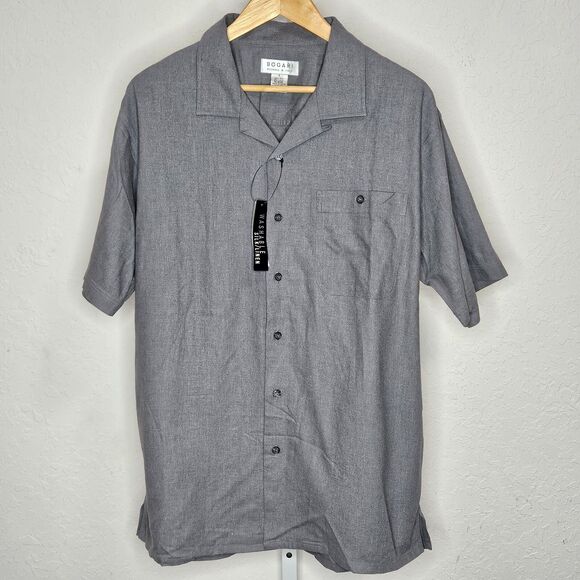Bogari Men’s Gray Silk Linen Short Sleeve Button Shirt Camp Collar Size Large - Picture 1 of 6